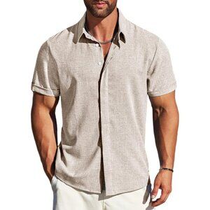 Men's Slate Grey Linen Short Sleeve Button Down Casual Shirt Business Dress